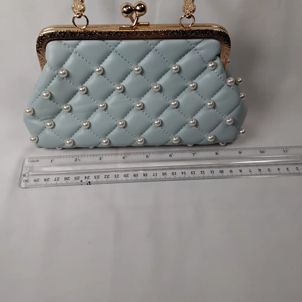 Chic Pearl-Embellished Light Blue Mini Bag - Picture 2 of 7